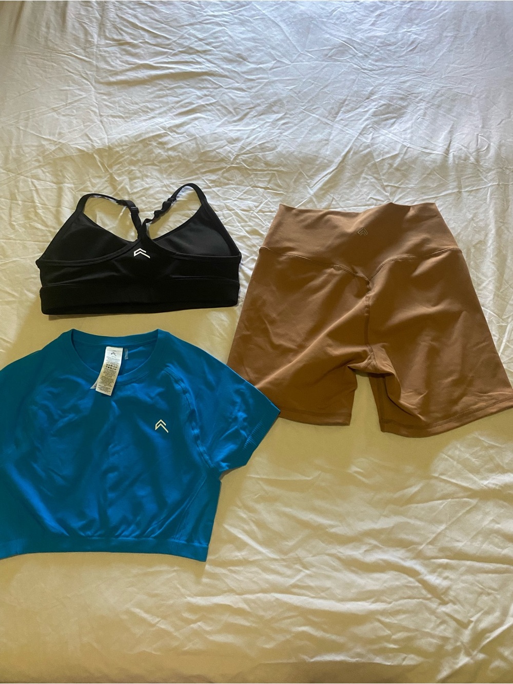 Athelite Set with Black Sports Bra, Top, Leggings Top & Brown Biker Shorts
